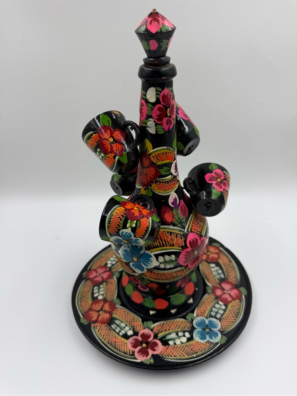 Vintage Wooden Decanter Set Folk Art Hand Painted Floral Black Barware 6 Cups